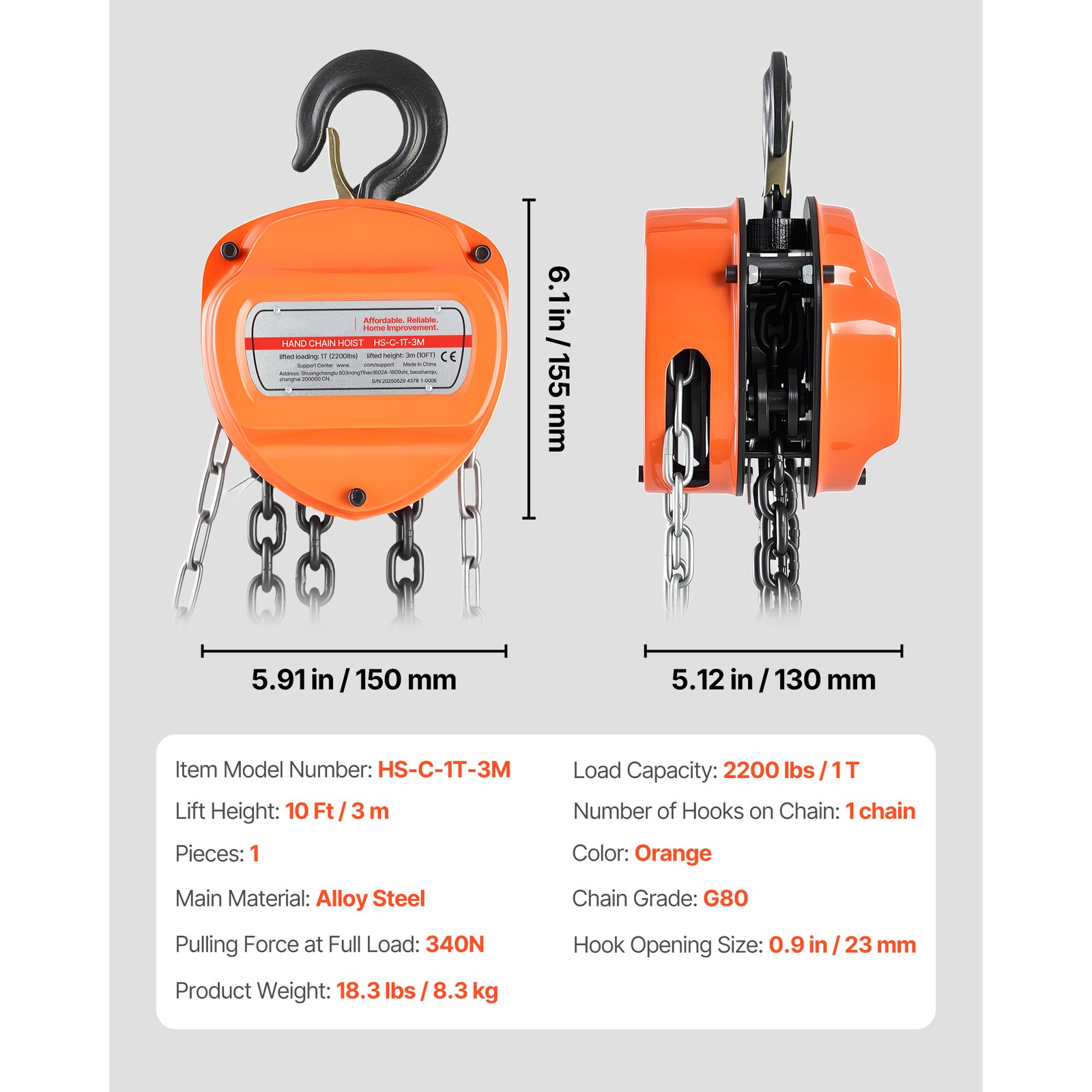Uimoso Manual Chain Hoist 2200 lbs Capacity with 10 ft G80 Load Chain
