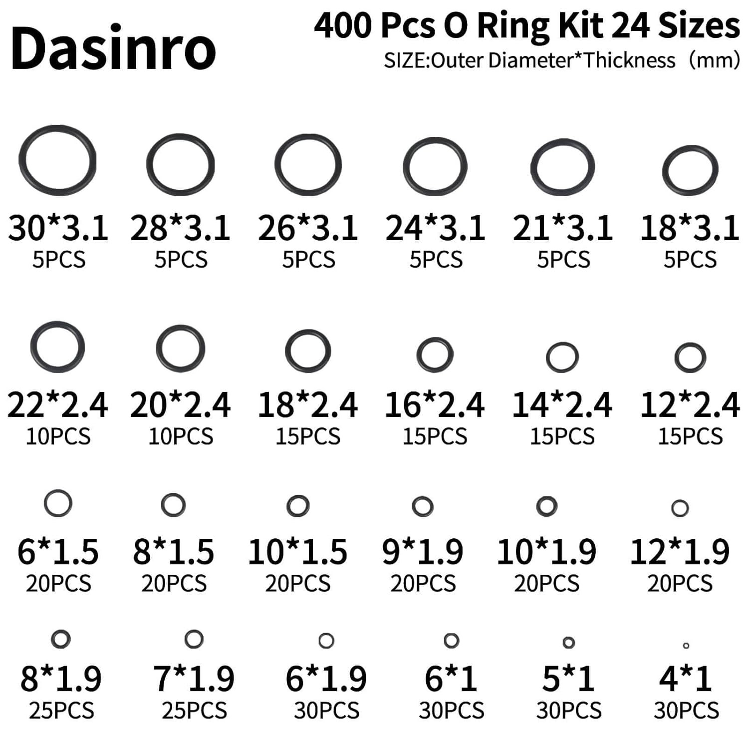 400 Pcs Rubber O-Rings Assortment Kit, 24 Sizes O Rings Assortment Rubber O-Rin