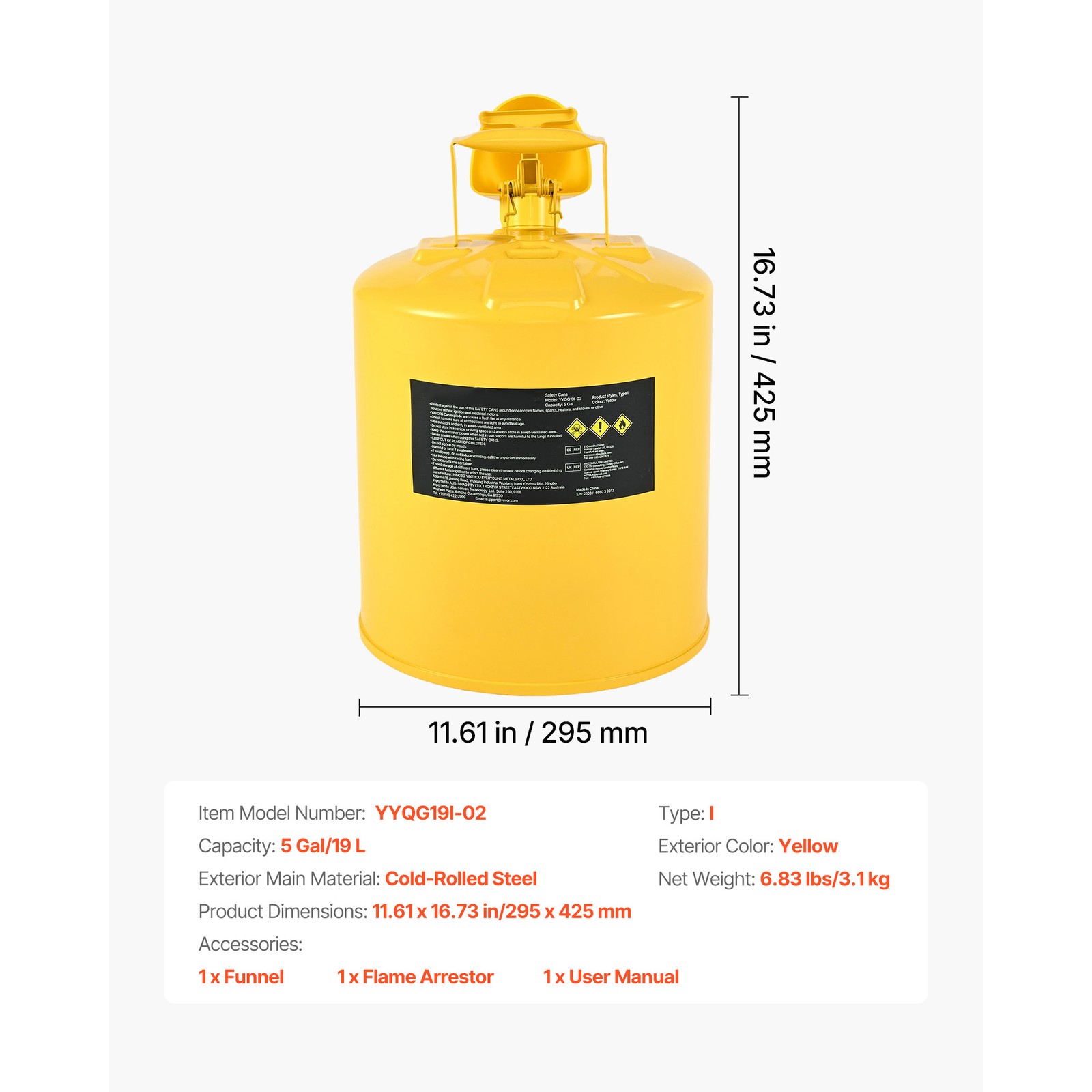 Uimoso 5 Gallon Type I Yellow Safety Diesel Can with Flame Arrester and Funnel