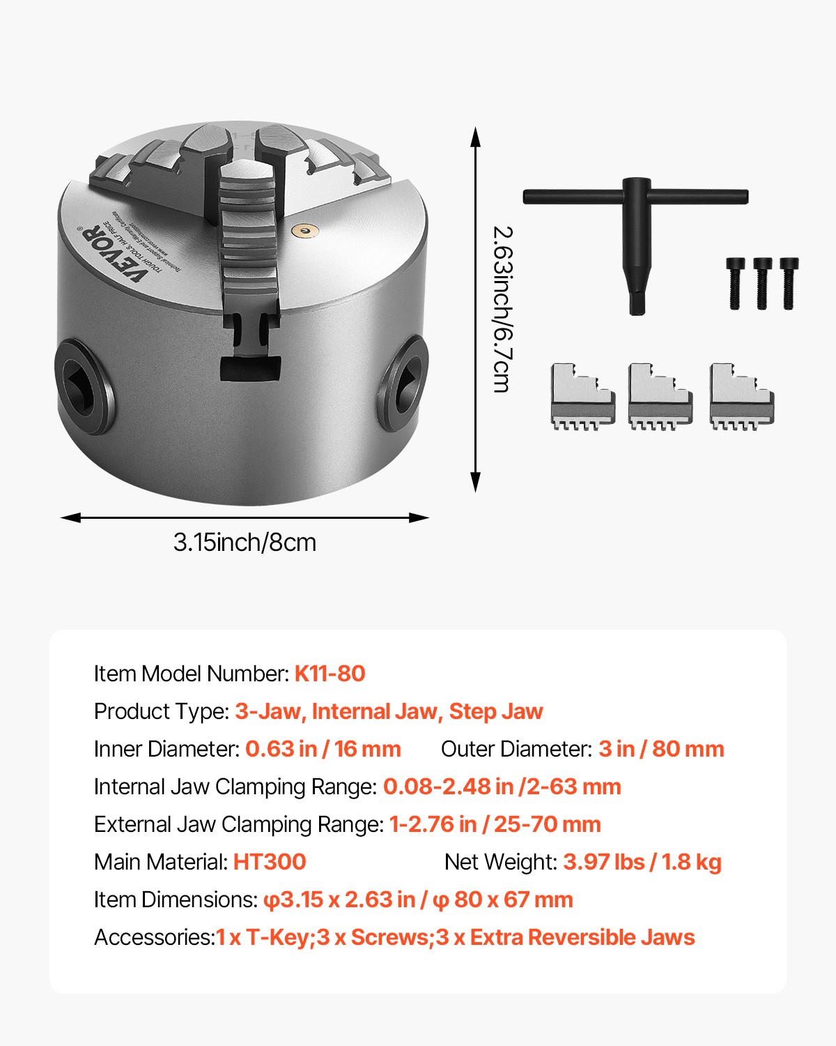 VEVOR 3 Inch 3-Jaw Self-Centering Lathe Chuck for Drilling Milling Machine 3D