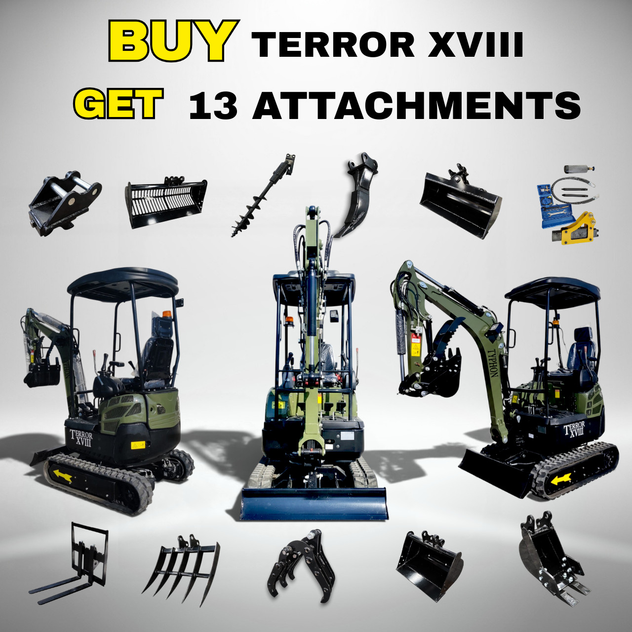 Free Ship TYPHON TERROR XVIII 4000lb Mini Excavator Kubota D902 w 13 Attachment
