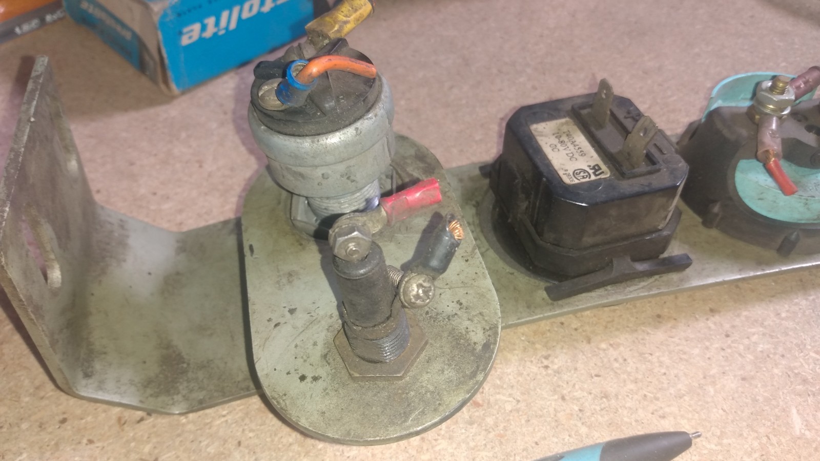Clark Volt Meter, Hours Meter, Key Switch and Fuse Holder on steel panel – used
