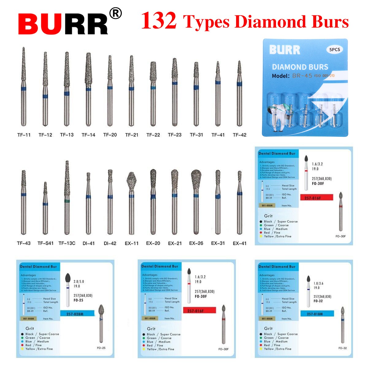 100pcs SANDENT Dental Diamond Burs For High Speed Handpiece Friction Grip 1.6mm