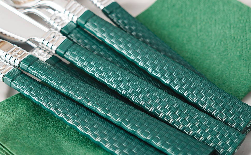 90pcs Silver and Green Disposable Silverware Set, Elegant Plastic Silverware