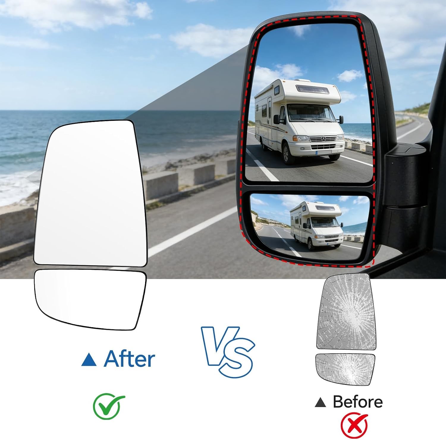 Driver Left Side Upper & Lower Mirror Glass for Ford Transit 150 250 350 2015-20