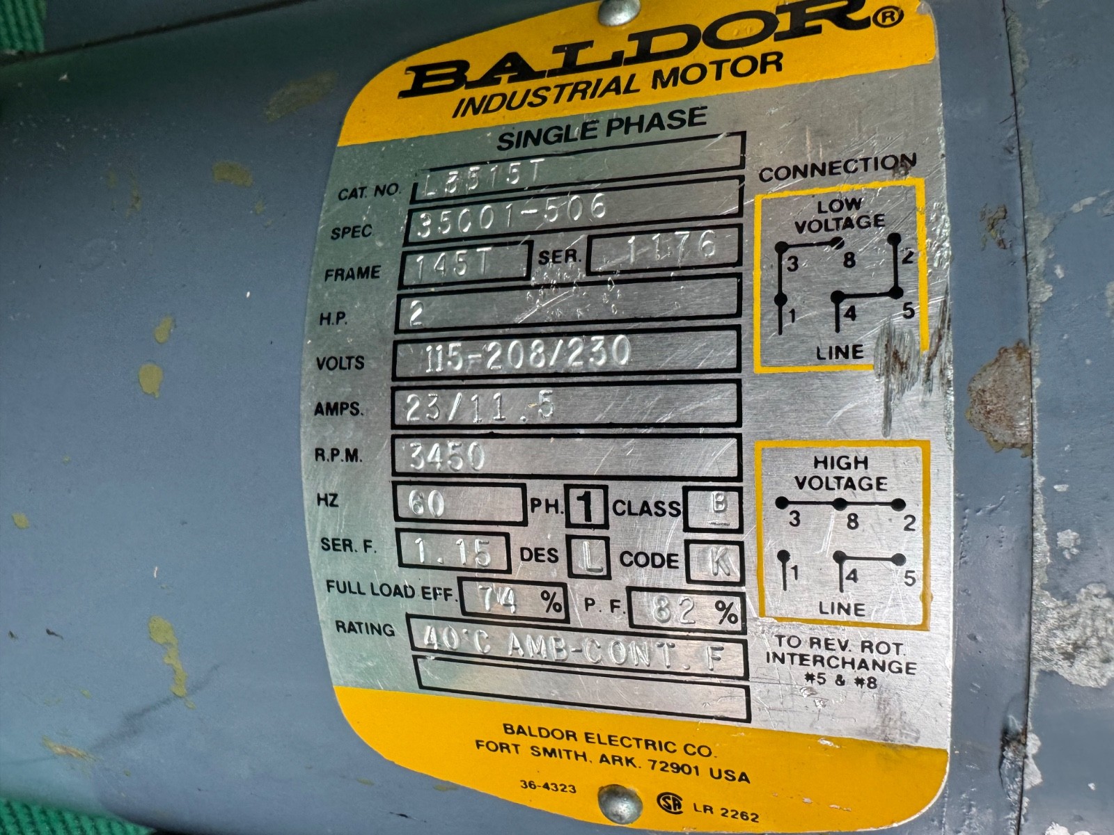 Baldor Industrial Motor 2 Hp – 3450 Rpm – 115/230V – 1 Phase – Cat No. L35151T