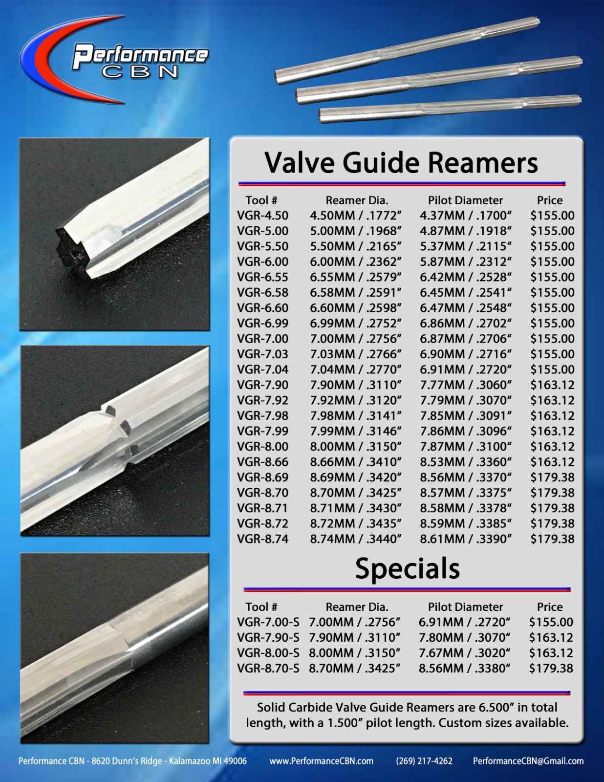 Performance CBN 8.71mm Solid Carbide Valve Guide Reamer VGR-8.71