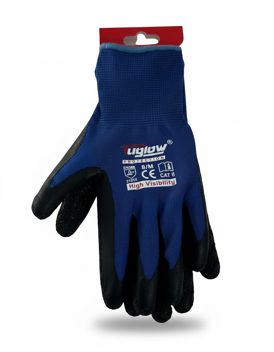 12 Pair Gasoline Blue/Black Safety Gloves Latex Coated Grip Cut Resistant