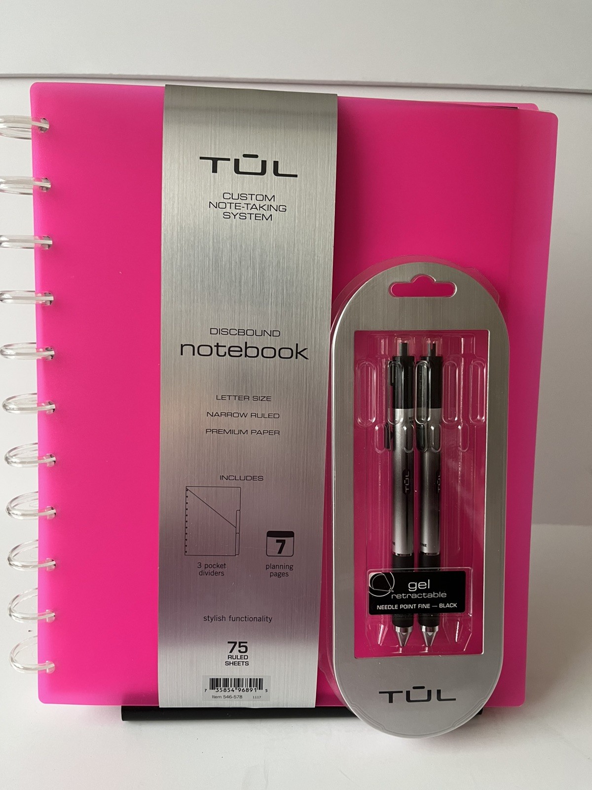 Tul Discbound Notebook Planner Letter Size Hot Pink Poly Cover with 2 Gel Pens