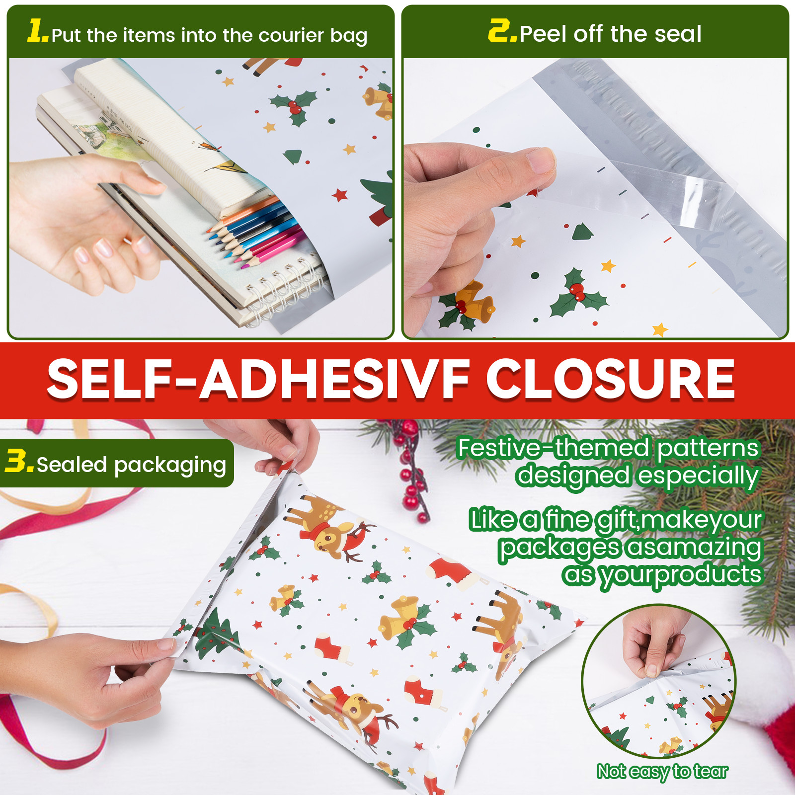 Christmas Poly Mailers Cute Holiday Shipping Bags Custom 6″x9″ 10″x13″ 14.5″x19″