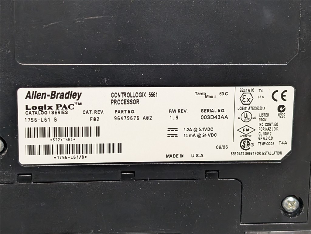 USED Allen Bradley 1756-L61/B ControlLogix Processor Module Rev. F02 F/W 1.9