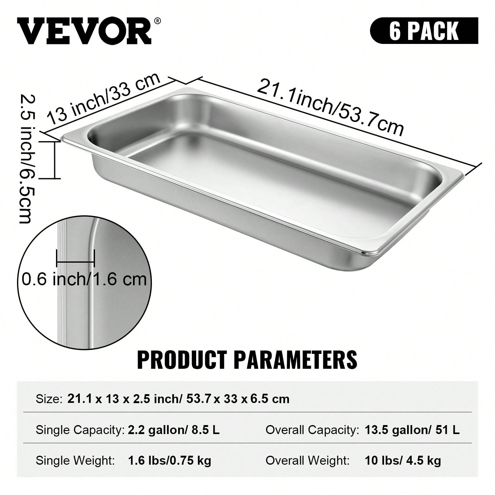 6Pcs Commercial Full Size Pans 2.5in 4in & 6in Stainless Steel Hotel Pan 0.8mm