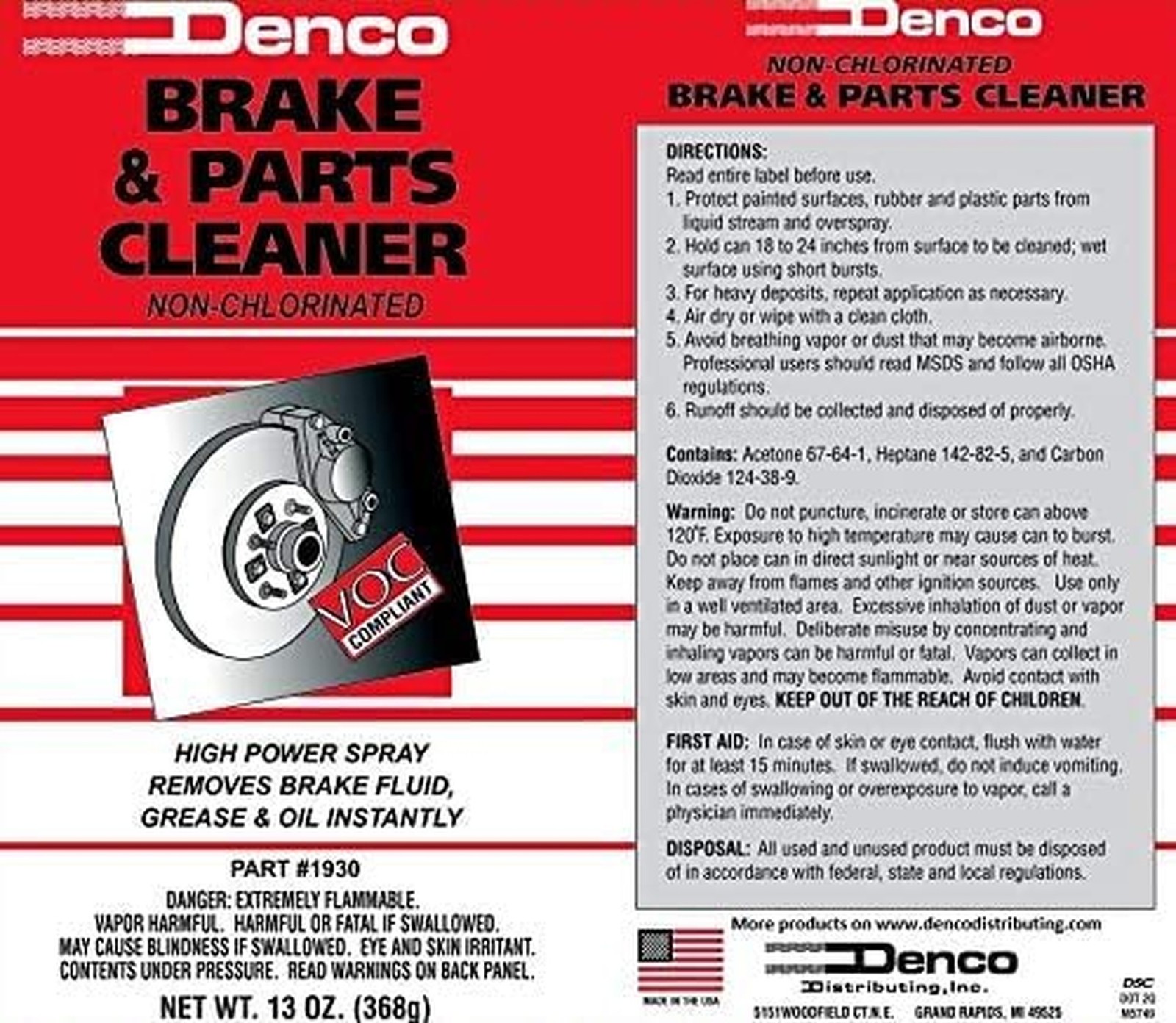 Denco #1930 Non-Chlorinated Brake & Parts Cleaner Spray, Fast-Drying Degrease…