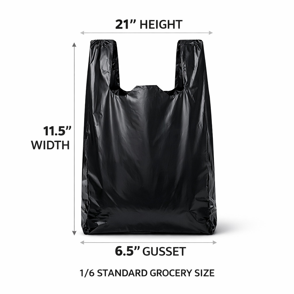 Bags 1/6 21 x 6.5 x 11.5 Extra Heavy Duty 1.18 Mil BLACK T-Shirt Plastic Grocery