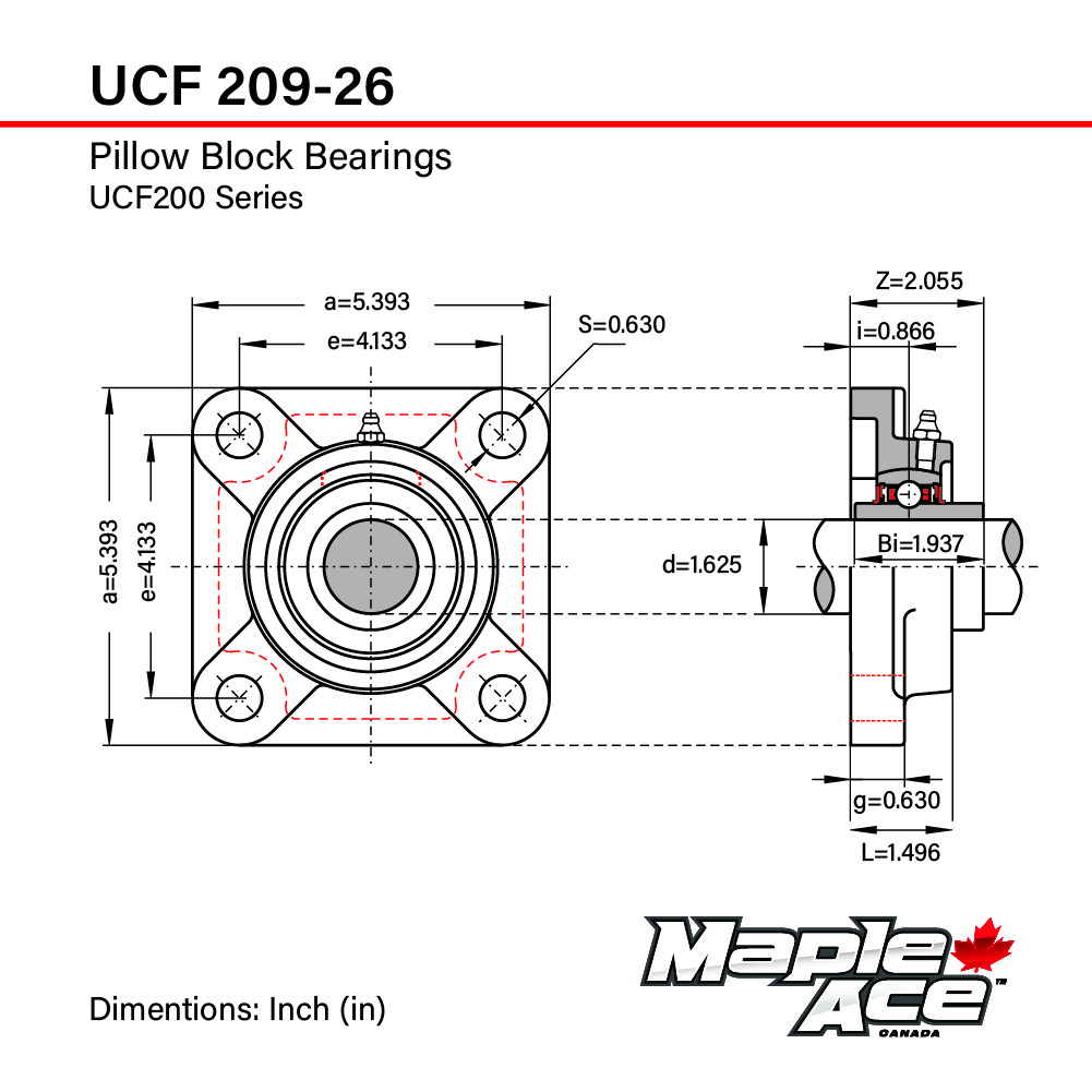 UCF209-26 Flange Bearing 1-5/8″ Bore, 4-Bolt Self-Aligning, Solid Base (Qty 10)