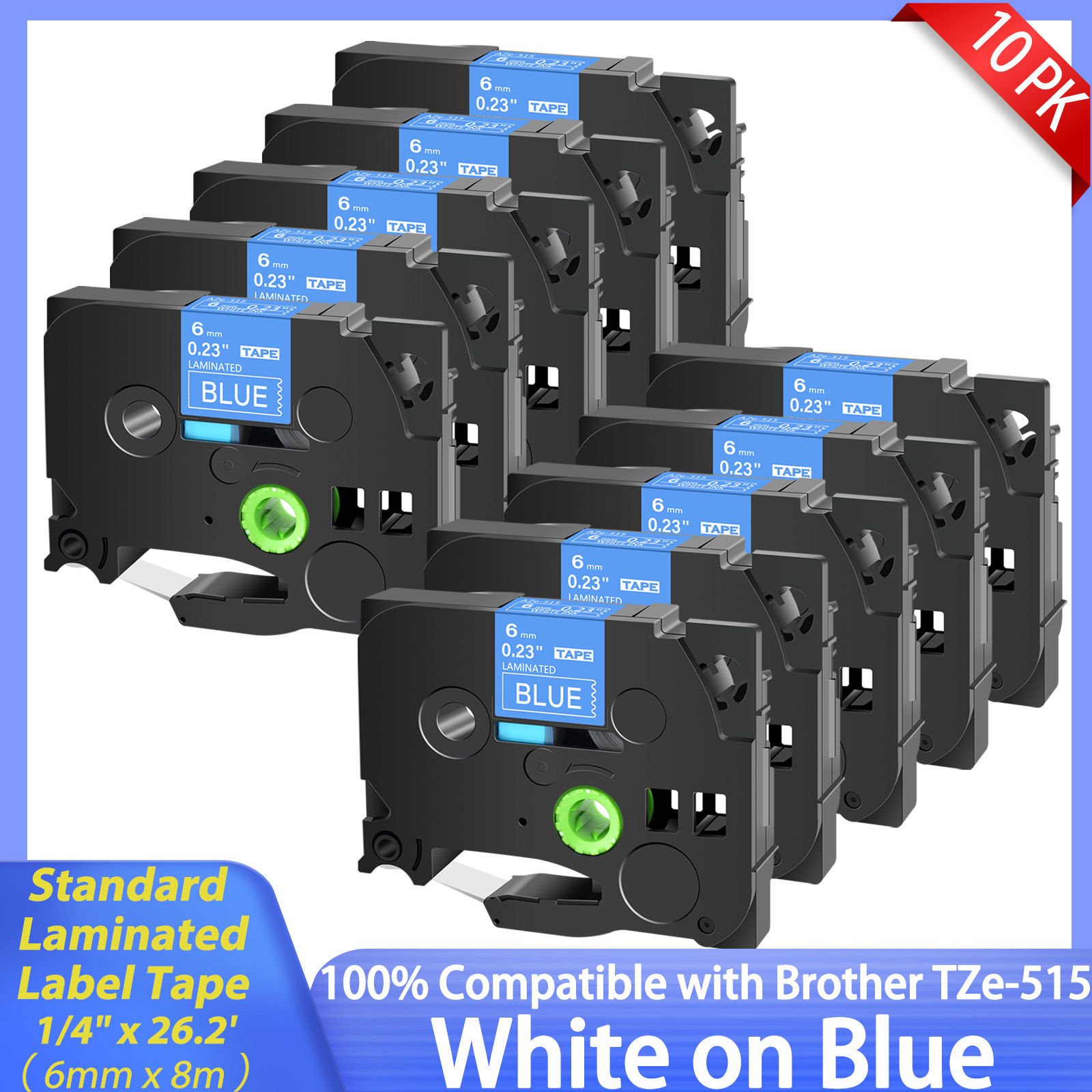 10x TZe-515 TZE 515 White on Blue 6mm Label Tape Fit For Brother PT-D200SA