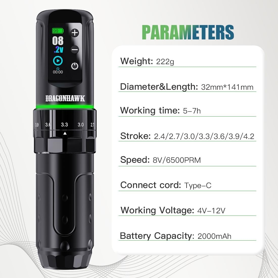 Dragonhawk L3 Tattoo Kit, Cordless/Cord Complete Tattoo 2 Batteries 2,000mAh