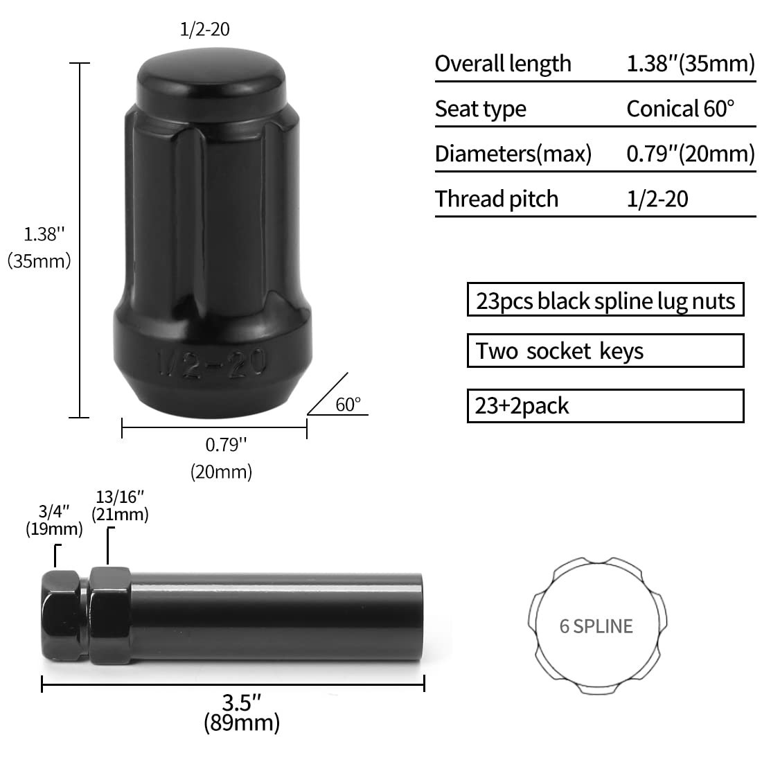 1/2-20 Acorn Lug Nuts Black Set 23 pc 6 Spline Closed End Fit Aftermarket Wheels