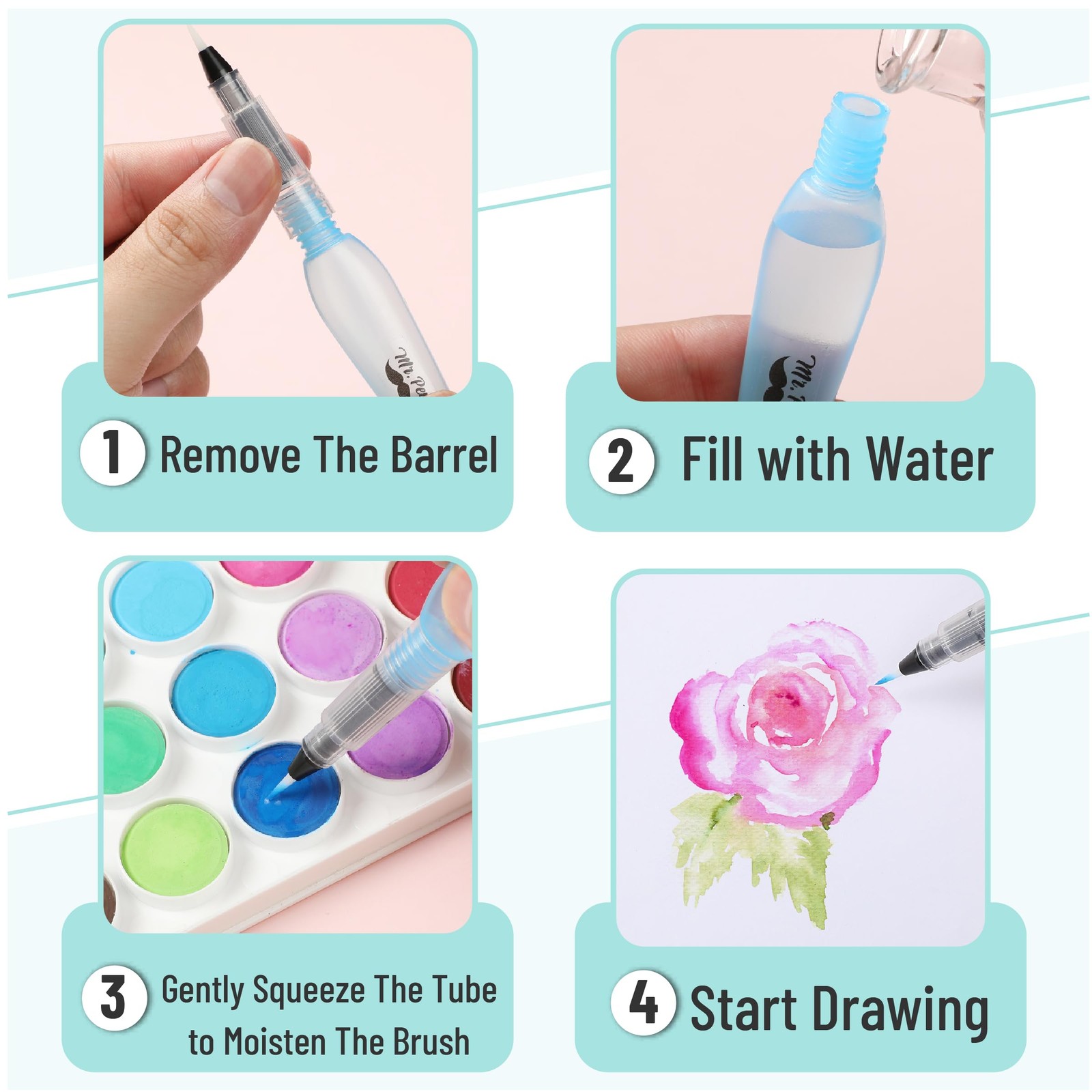 Mr. Pen- Watercolor Brush Pens, 4 pcs, 4 x Point Tips, Blue Set, Medium,