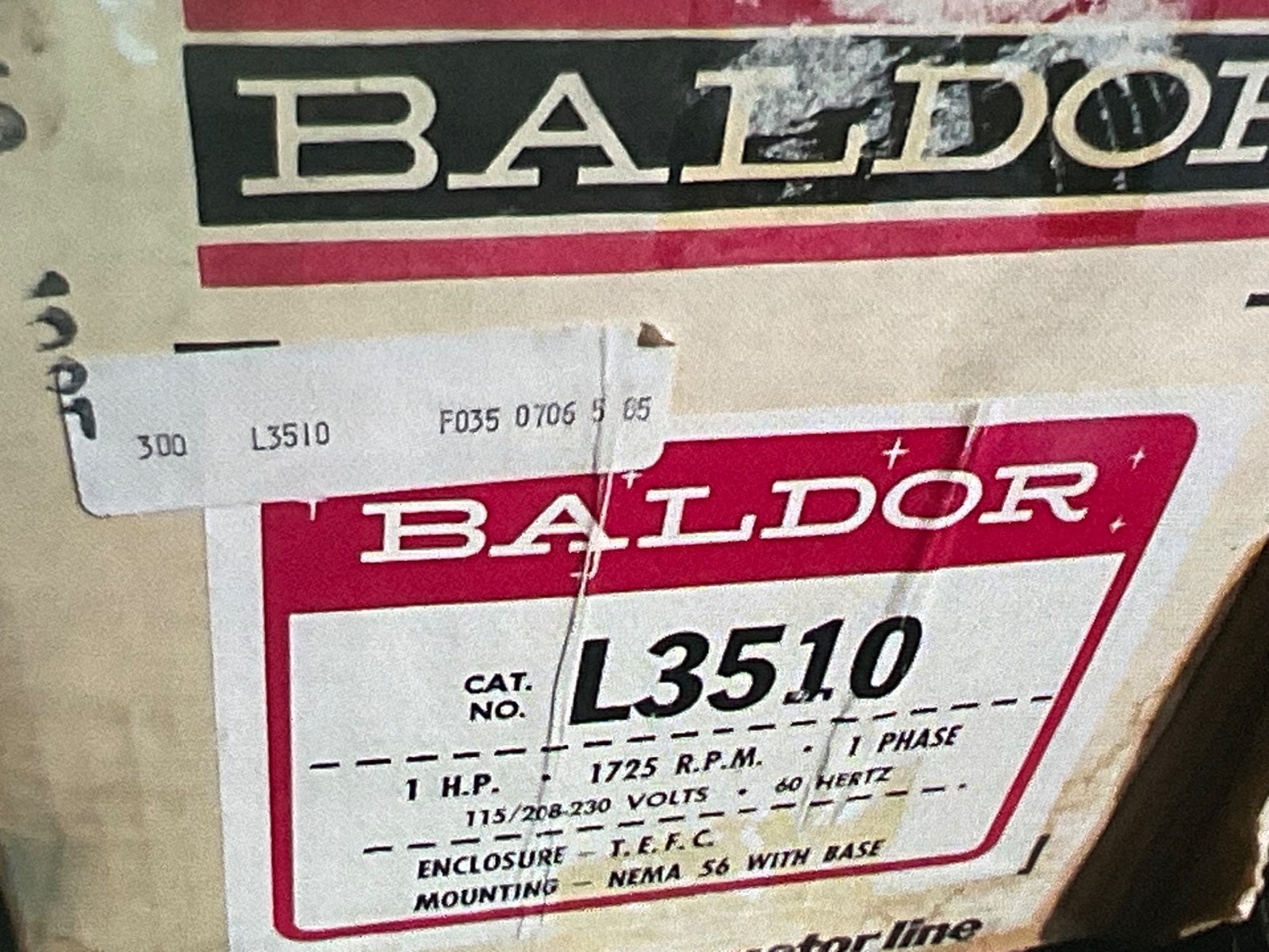 NEW CONDITION Baldor L3510T 1HP, 1725RPM, 1PH, 60HZ, Still in wrapper.
