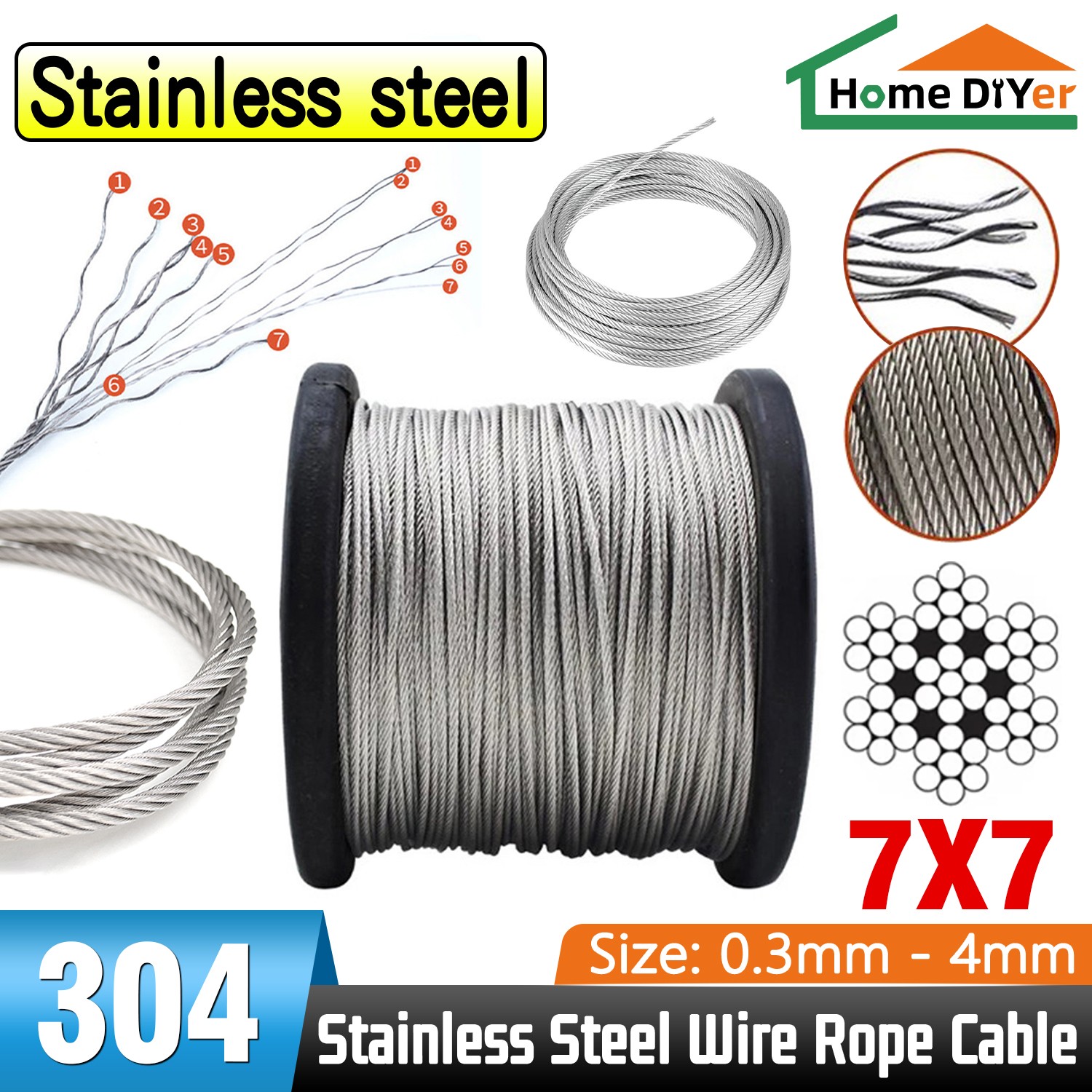 Stainless Steel 304 7×7 Wire Rope Cable Rigging 0.45 0.3 0.4 0.5 0.6 0.8 1 – 4mm