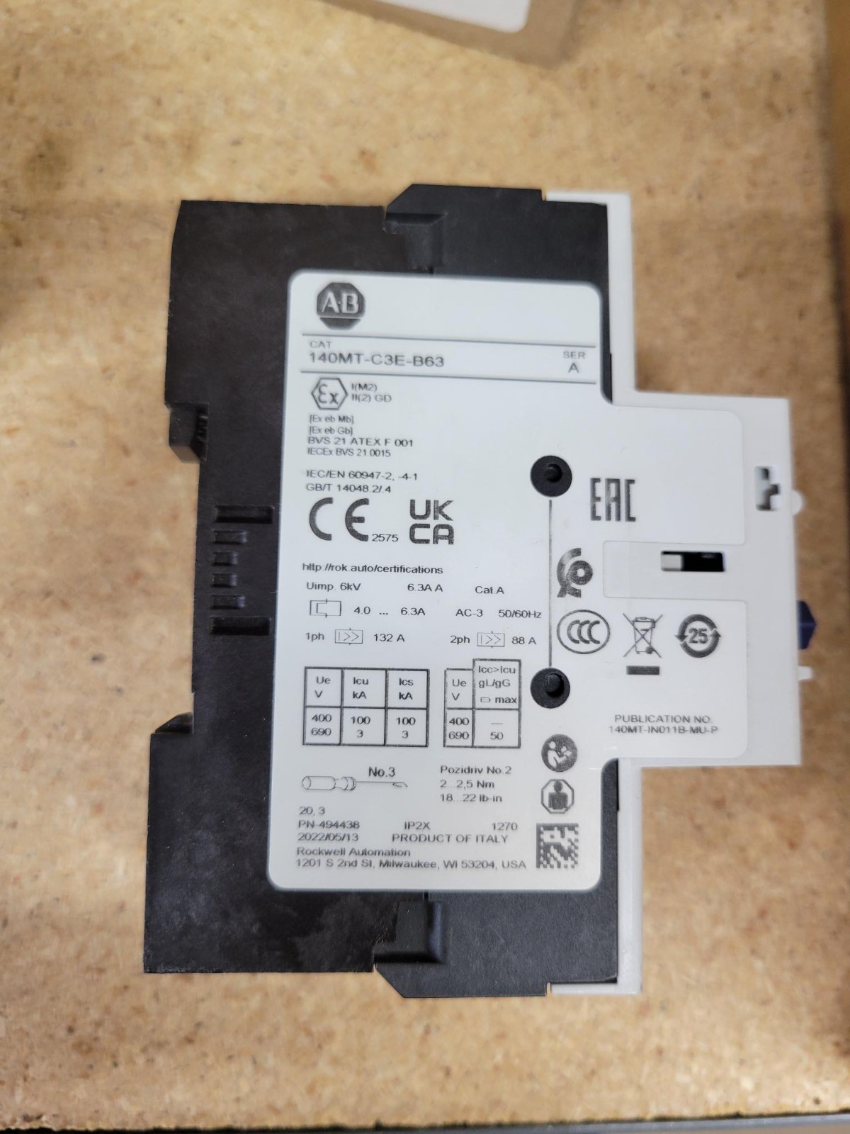 Allen Bradley Circuit Breaker, Motor Protection, 4 – 6.3A 140MT-C3E-B63