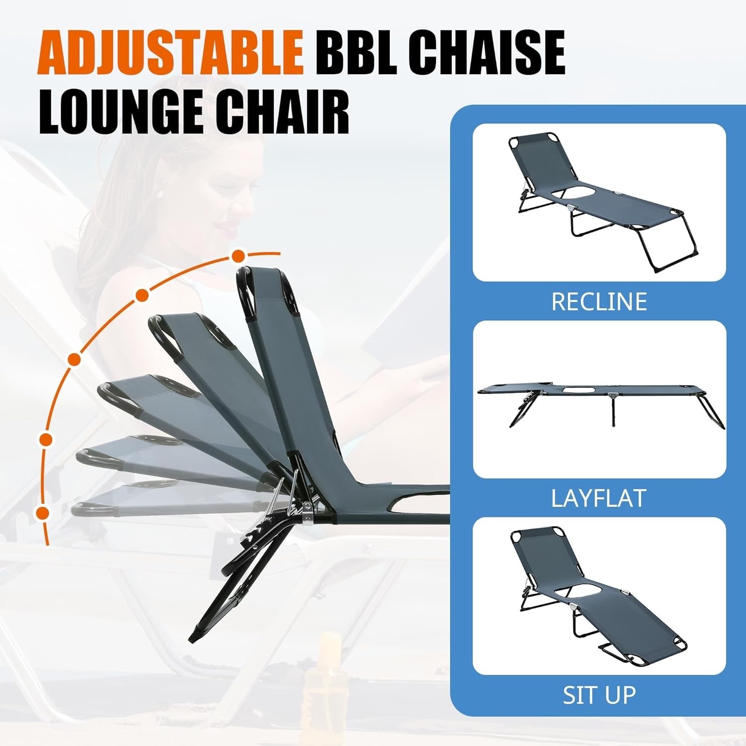 Foldable BBL Chair with Hole for Butt 5 Position 74.8″X22.8″X11.8″, Dark Grey