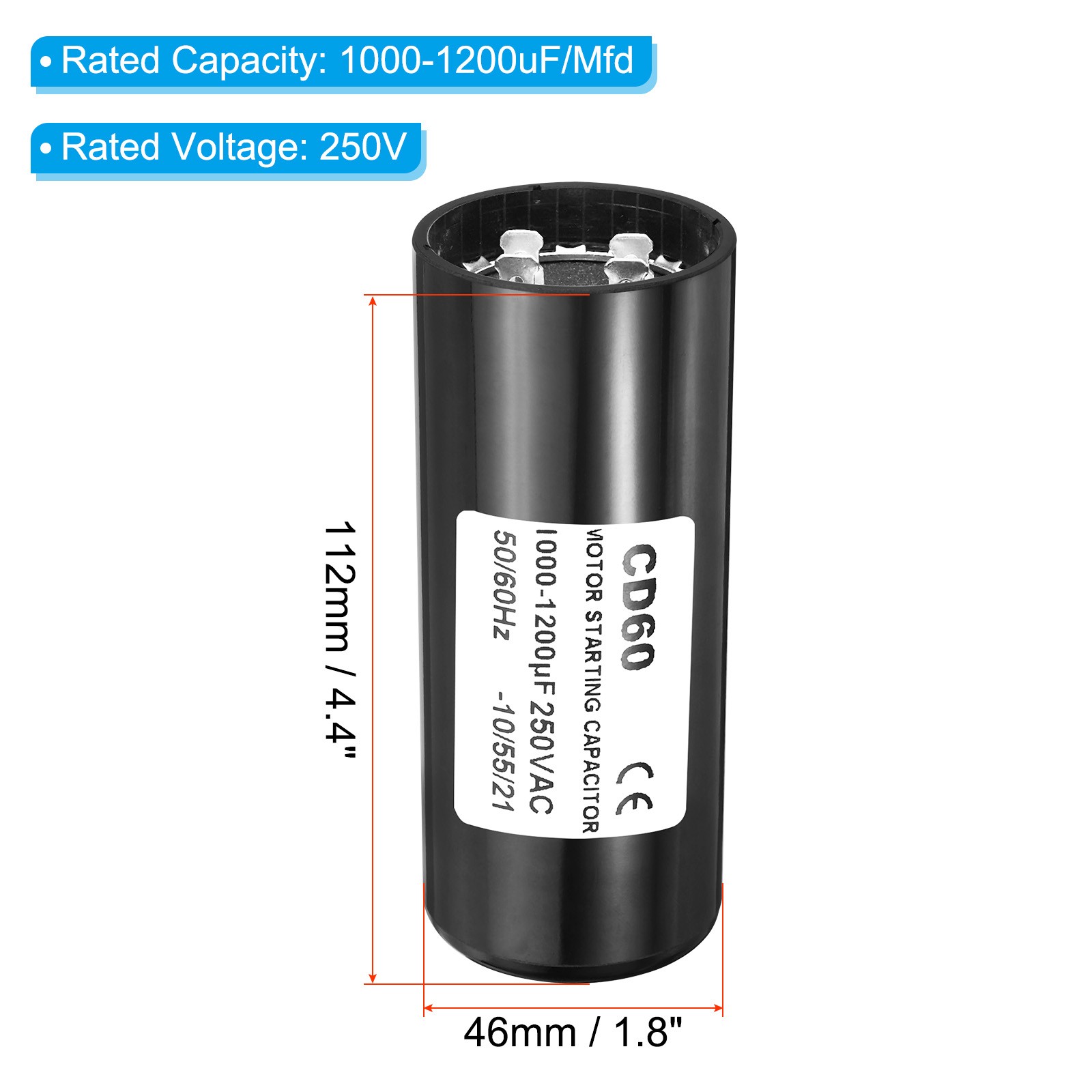 Motor Start Capacitor 1000-1200uF/Mfd 250VAC 50/60Hz CD60 Capacitor