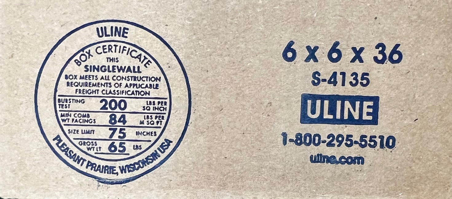 6″ x 6″ x 36″ CARDBOARD BOX – 200 lb – SINGLE BOX – TALL