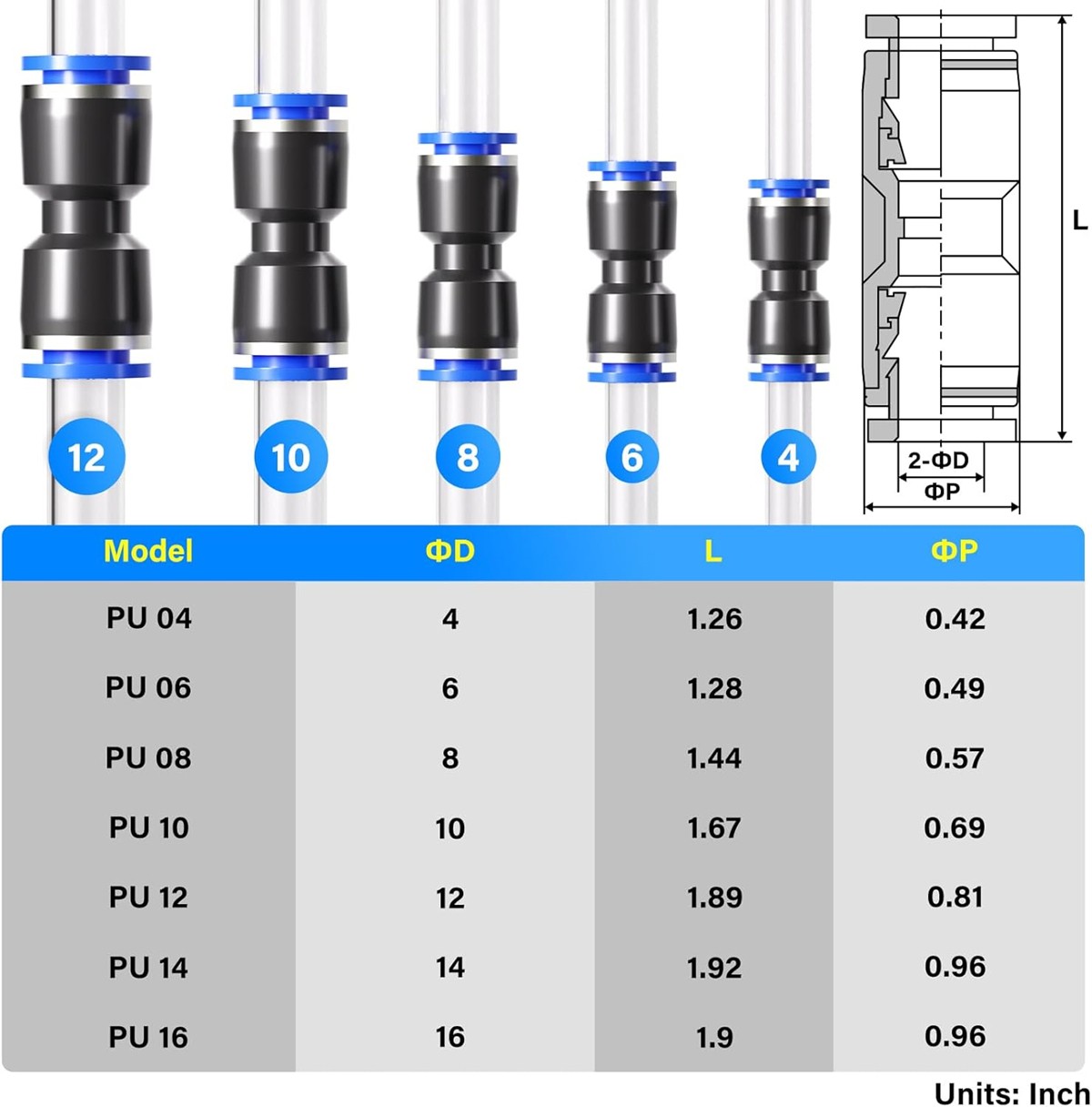 50PCS Air Line Fittings Straight Push Quick Release Connect Pneumatic Connectors