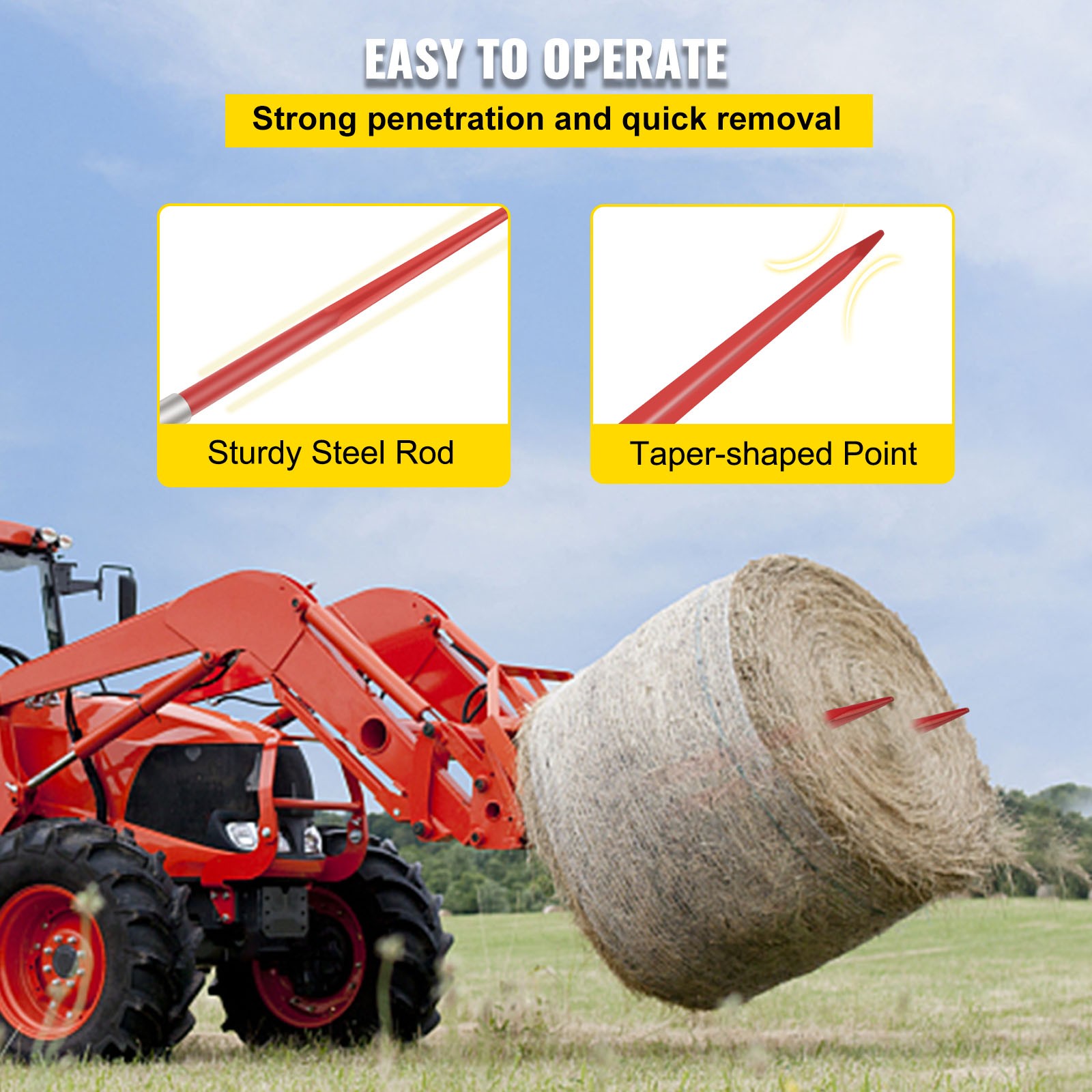 VEVOR 2Pcs Hay Bale Spear 49″ 4500 lbs Capacity Spike Fork for Tractors Loaders