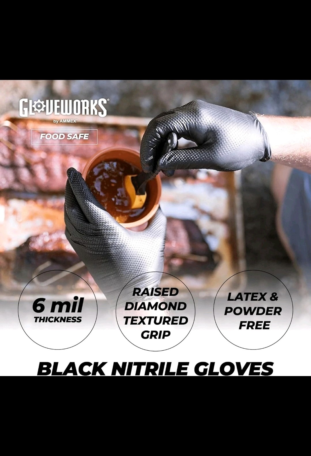 Box of 10 GLOVEWORKS Industrial Black Disposable Nitrile Gloves 6 Mil L Large