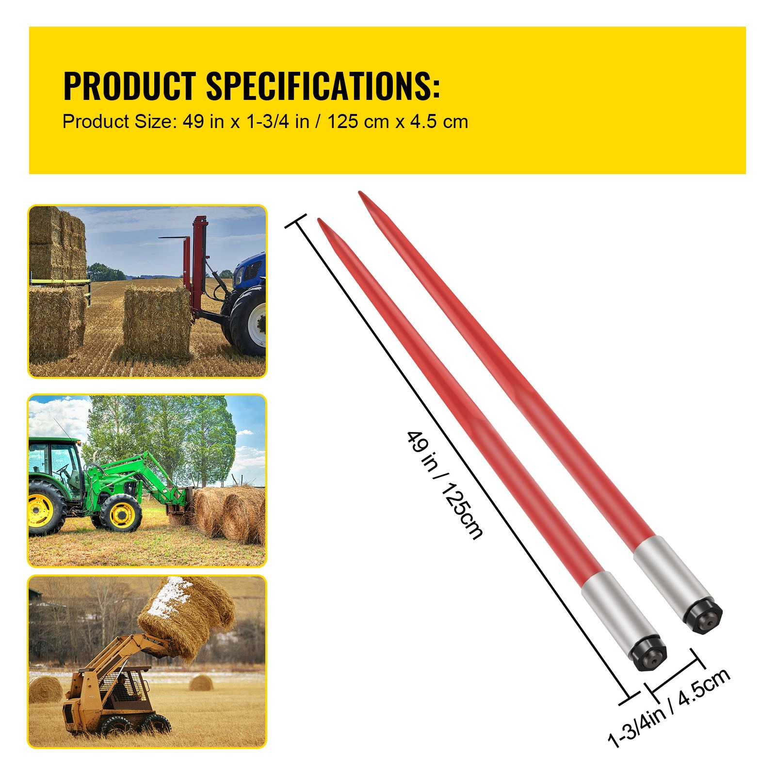VEVOR 2Pcs Hay Bale Spear 49″ 4500 lbs Capacity Spike Fork for Tractors Loaders