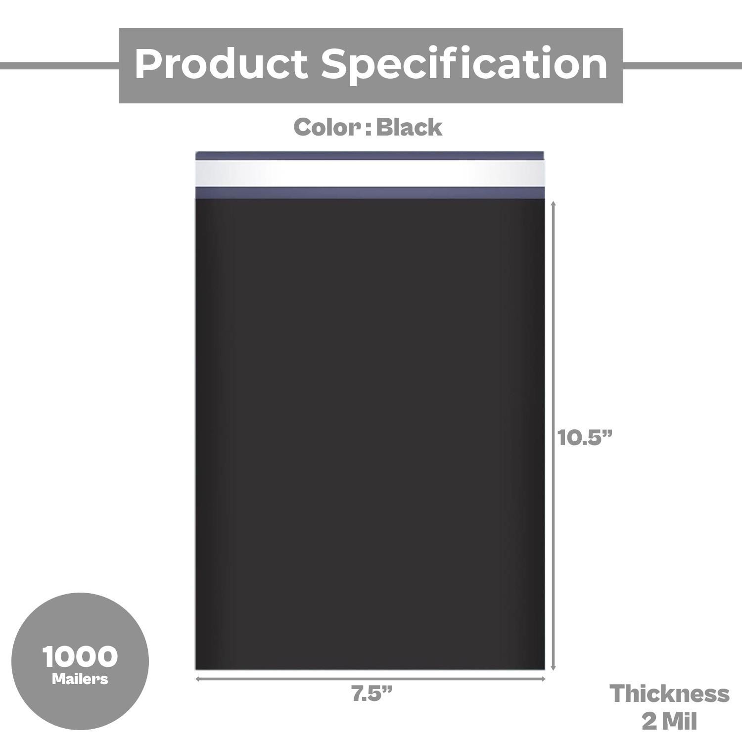 1000 7.5″x10.5″ Black Poly Mailers Shipping Bags Packaging Envelopes – 2 Mil