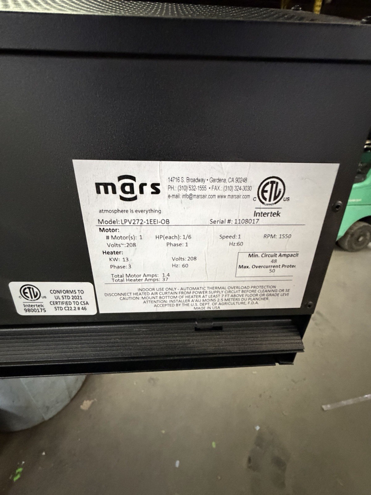 MARS LPV272-1EEI-OB Air Curtain,Low Profile,Heated 45C650