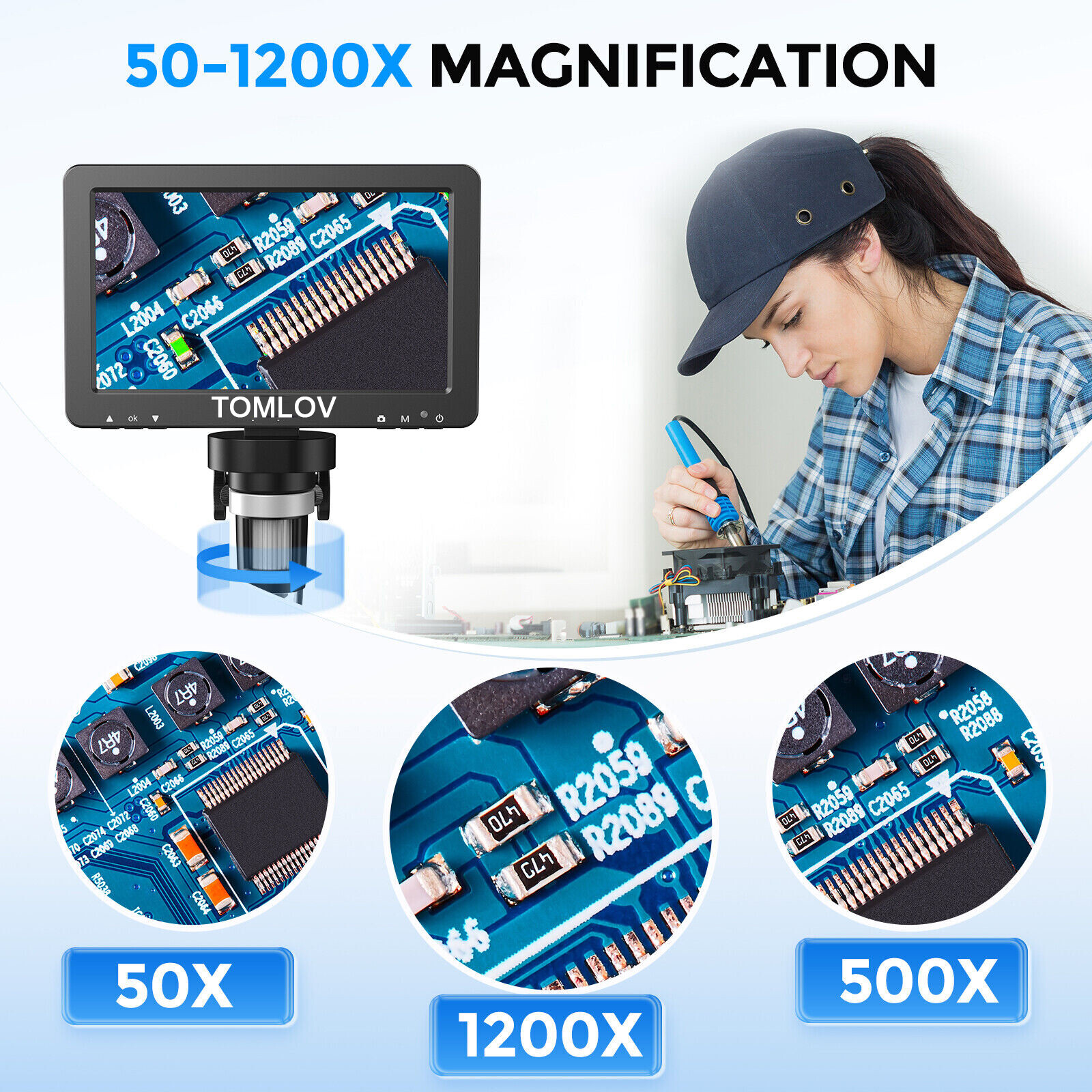 TOMLOV Digital Magnifier 1200X 7” Coin Microscope camera Soldering Microscope