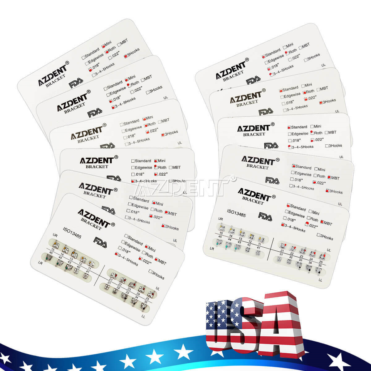 AZDENT Dental Orthodontic Brackets Braces Standard & Mini Roth & MBT Hooks 3-4-5