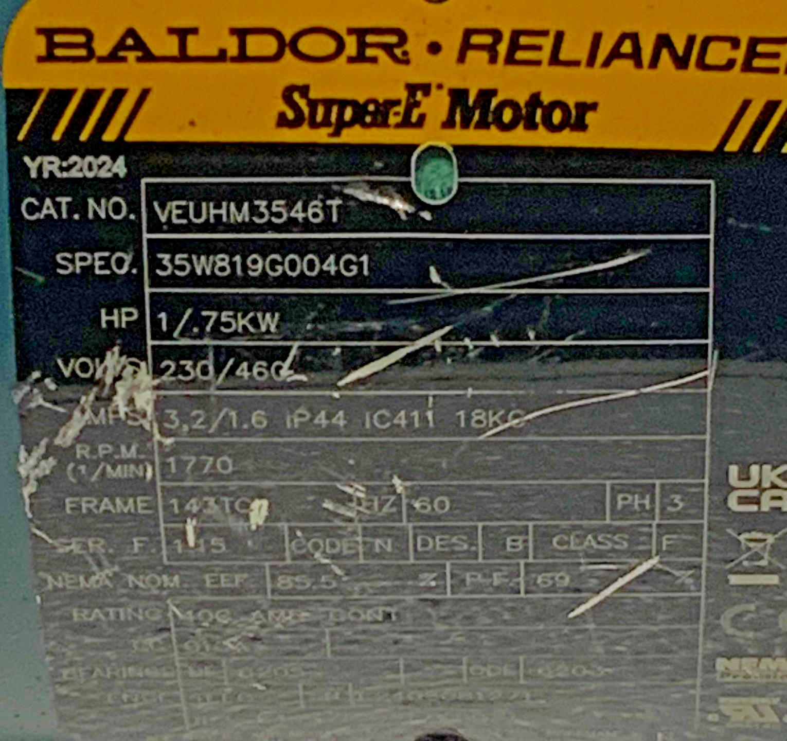Baldor Reliance VEUHM3546T Super-E Electric Motor 1HP 230/460V 3PH 143T 1770RPM
