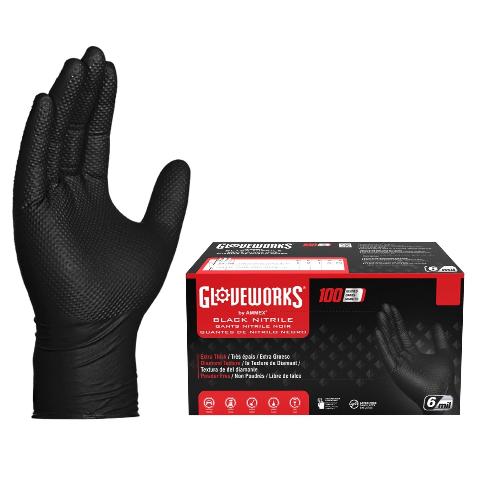 GLOVEWORKS HD Black Nitrile Industrial Disposable Gloves, 6 Mil, Latex-Free,M