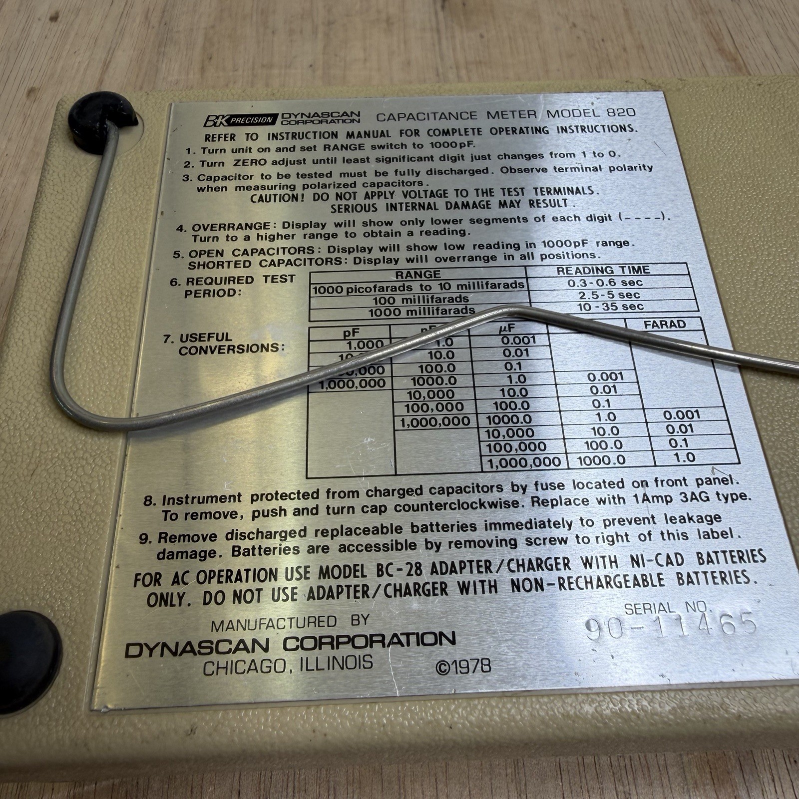 B&K PRECISION DYNASCAN CORPORATION MODEL 820 CAPACITANCE METER – UNTESTED