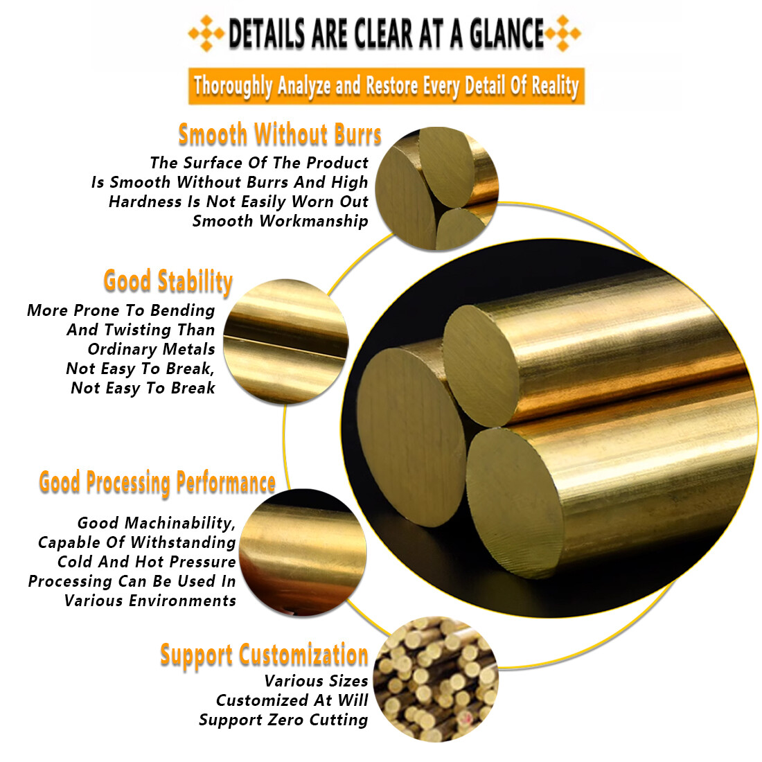 Brass Round Bar Rod Dia 3/5~80mm H59 Solid Bar/Rod Lengths 100/150/200/250/300mm