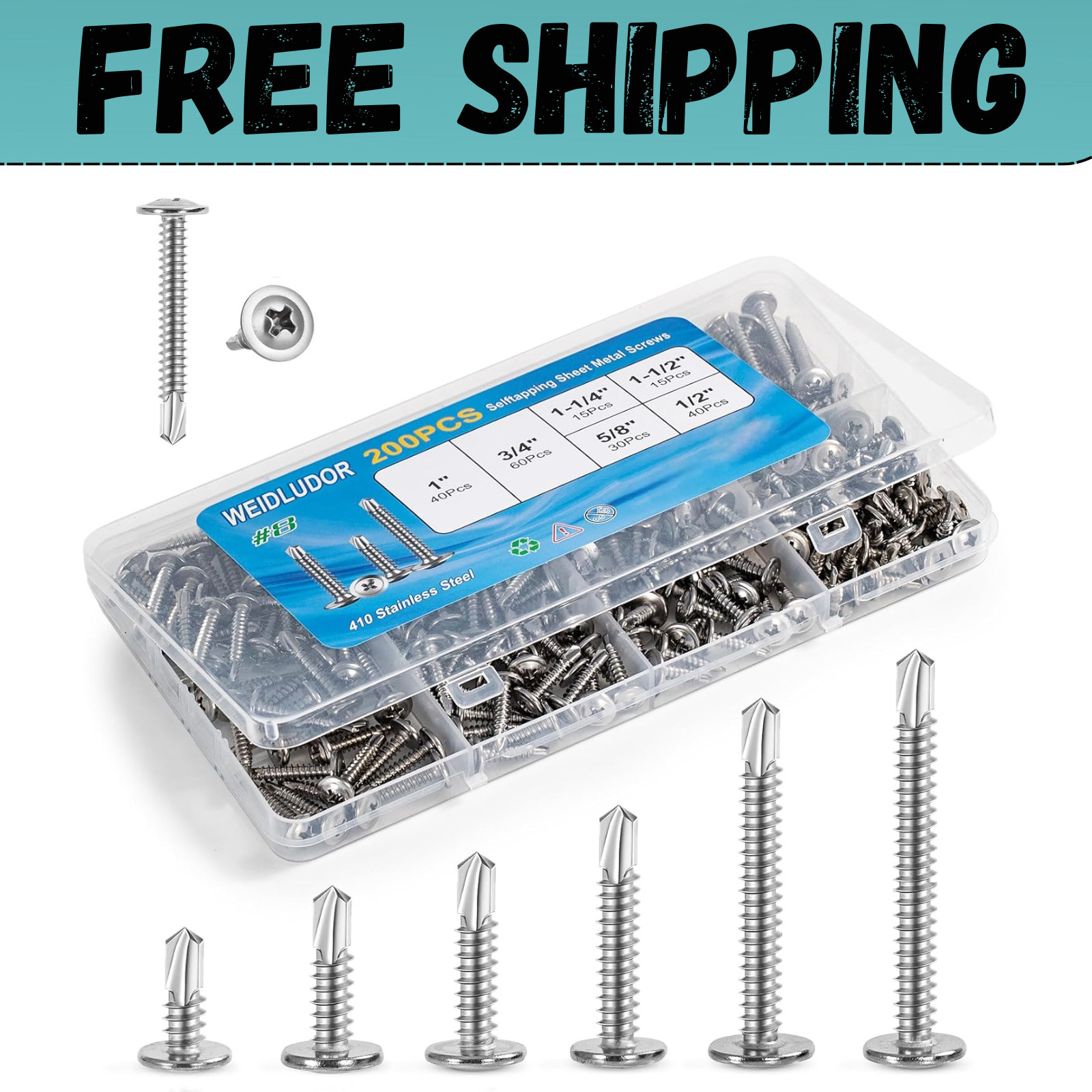 200PCS Sheet Metal Self-Drilling Screws Assortment Kit – #8 Truss Head Stainless