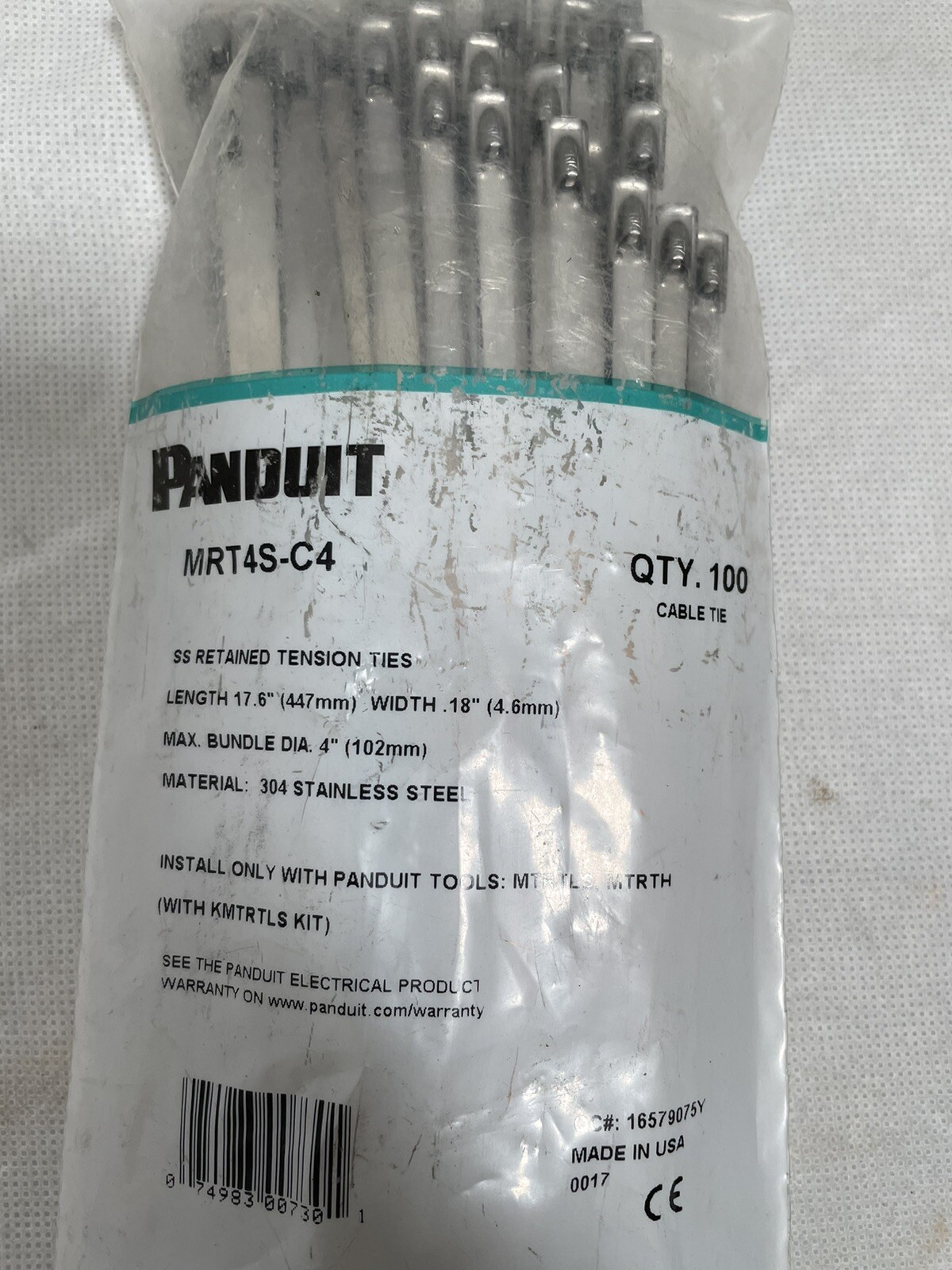Qty 100 Panduit MRT4S-C4 18.5″ L, 0.18″ W, Stainless Steel Cable Tie,