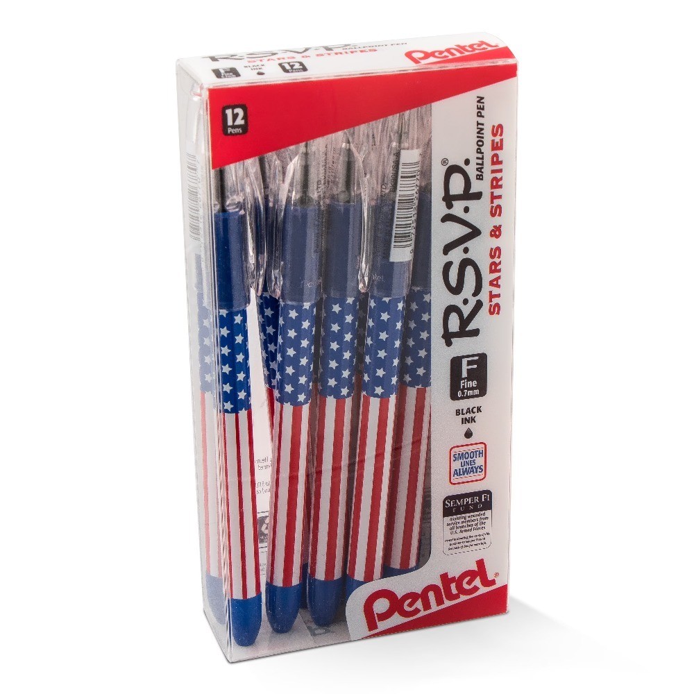 RSVP Ballpoint Pen, 0.7mm. Fine Line, Stars and Stripes Flag Inspired ,