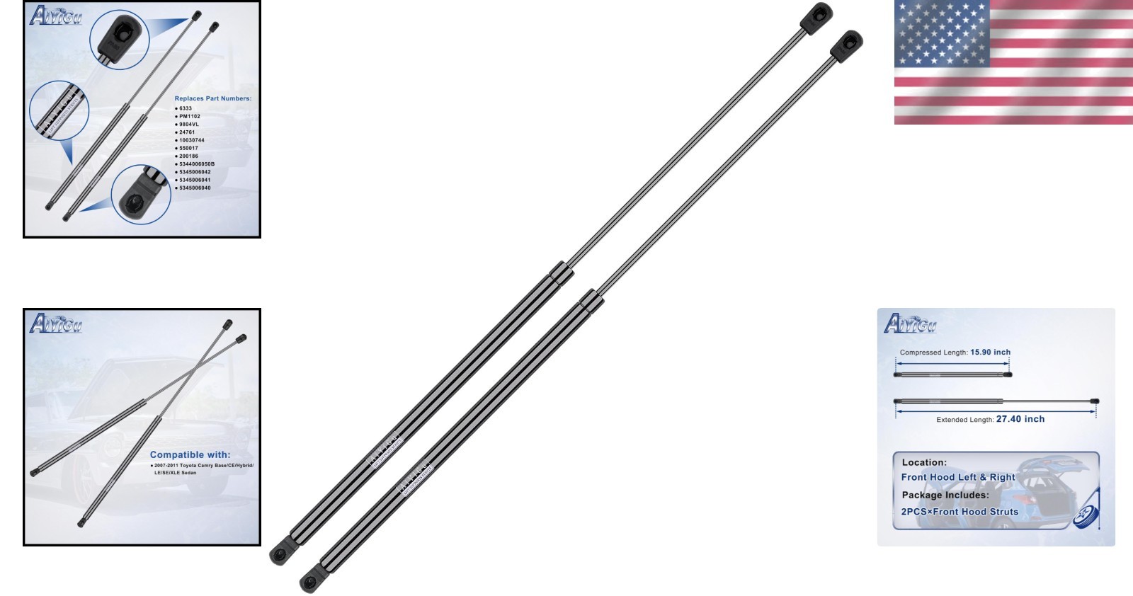 2Pc Front Hood Gas Strut Spring Lift Support 2007-2011 Toyota Camry 6333 4351