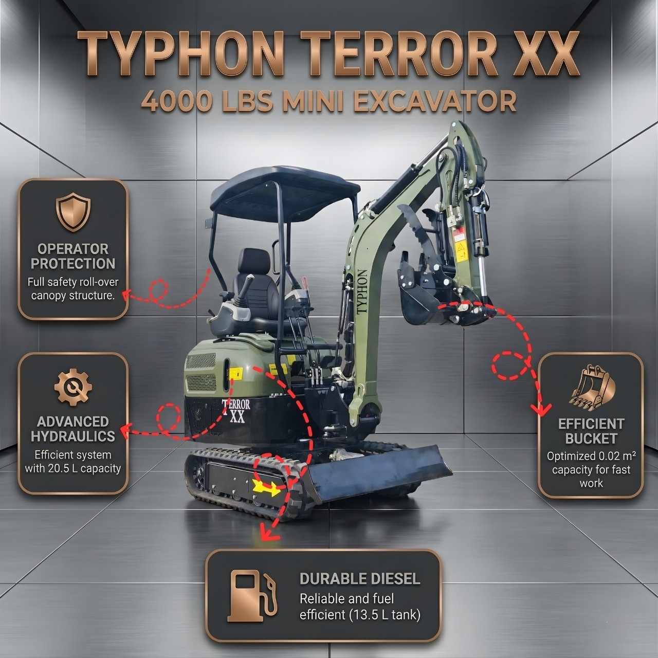 TYPHON TERROR XX 4000lbs Kubota D902 Mini Excavator Hydraulic Thumb Boom Swing