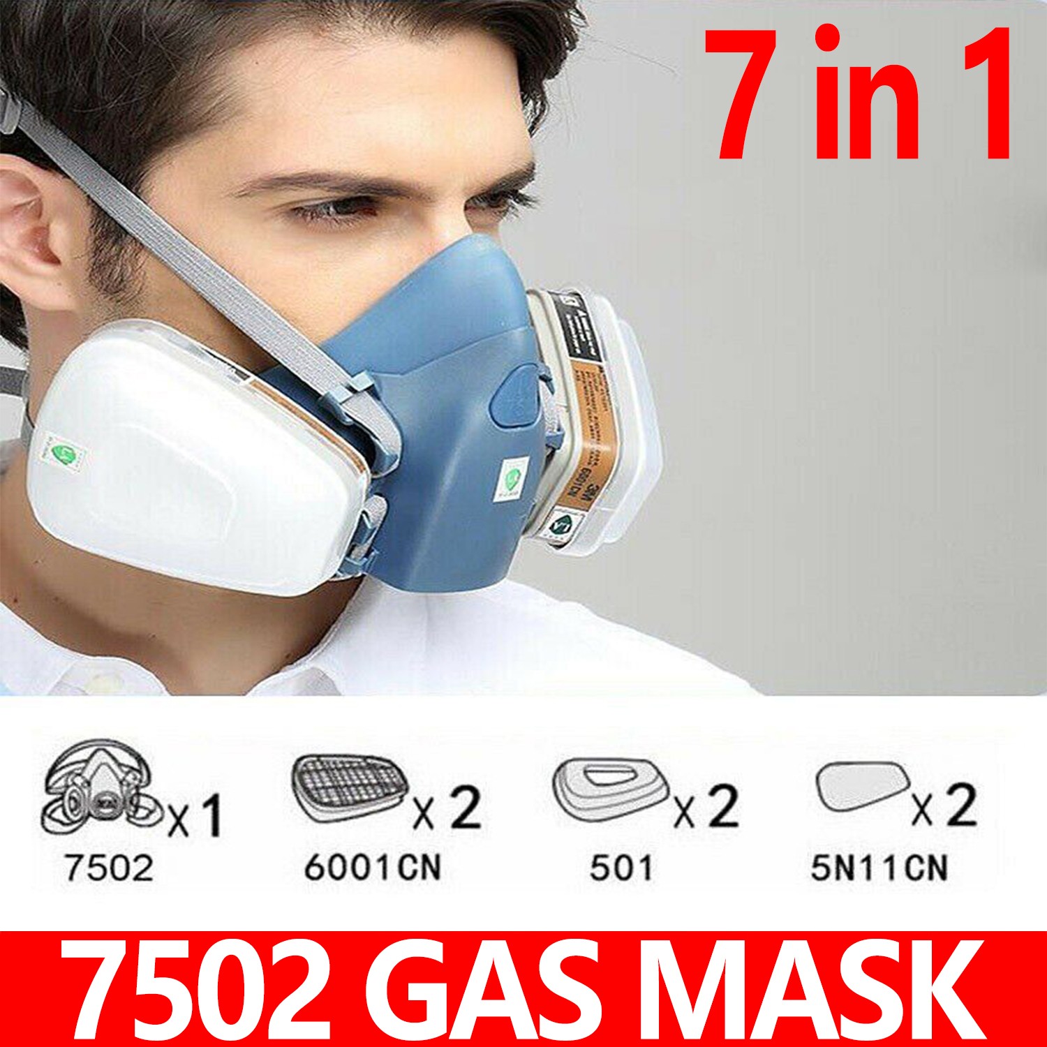 7 in1 7502 Painting Spray Half Face Gas Mask Chemical Epoxy Resin Respirator PPE