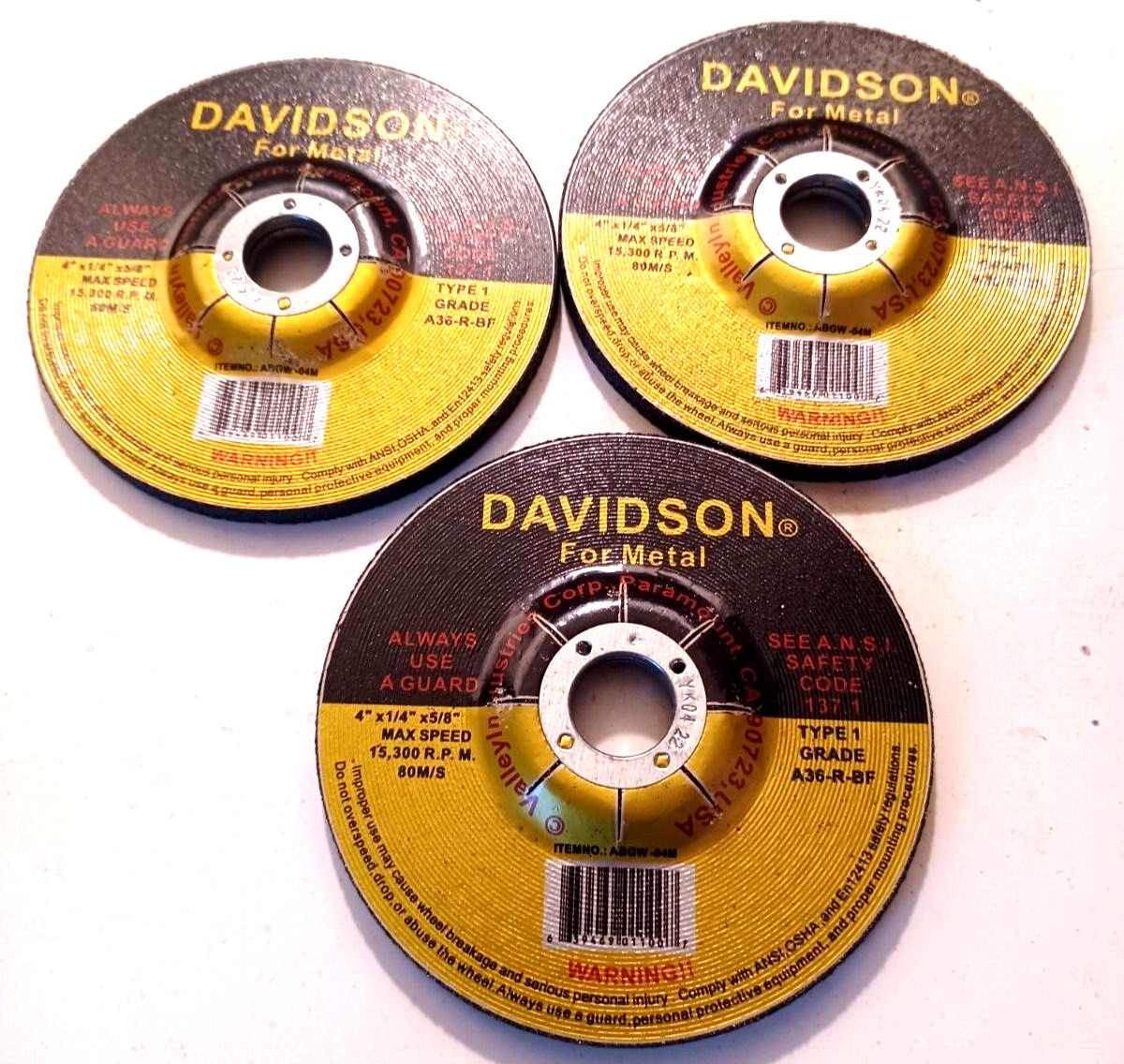 3 PC. 4″ DIA. GRINDING WHEEL DISC 1/4″ THICK, 5/8″ ARBOR METAL USE