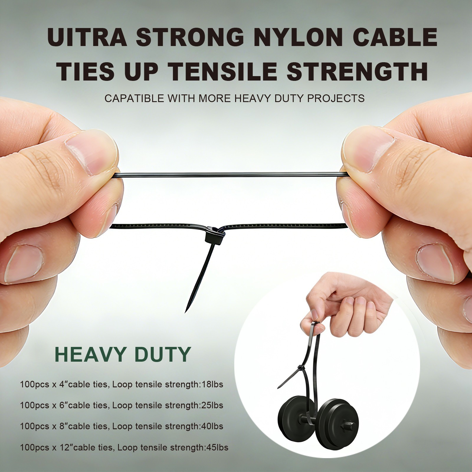 Zip Cable Ties Assorted Sizes(4”+6”+8”+12”) Heavy Duty Nylon Black UV Resistant