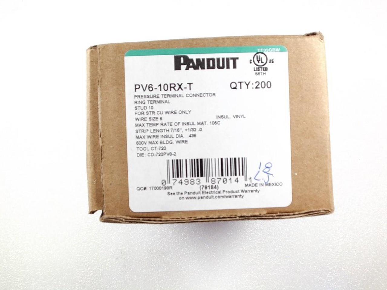 PANDUIT PV6-10RX-T PRESSURE RING TERMINAL CONNECTORS, 1 BOX OF 200